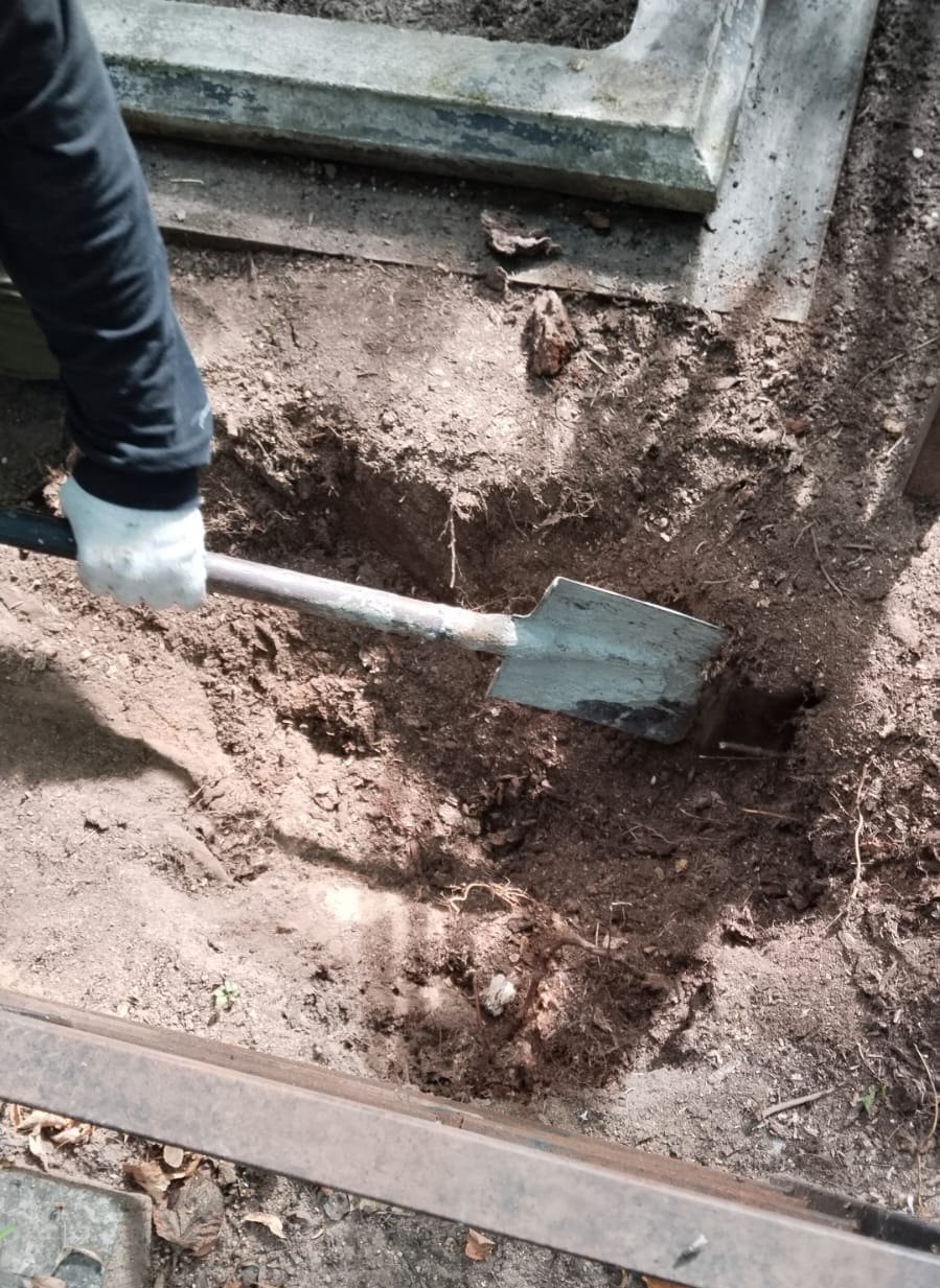 Процесс выкорчёвывания пня на участке могилы