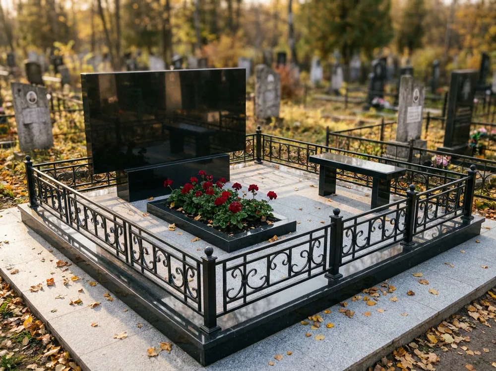 Визуализация: семейный комплекс на двоих со скамьёй и кованой оградой