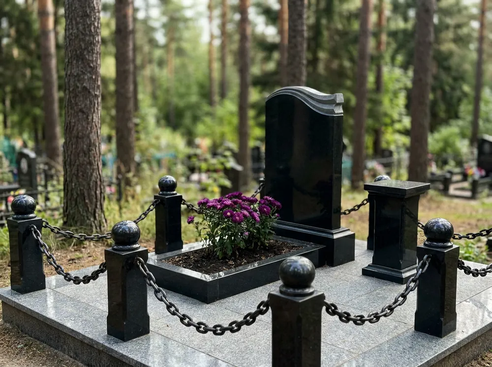 Визуализация: комплекс с гранитными столбиками и цепями вокруг участка