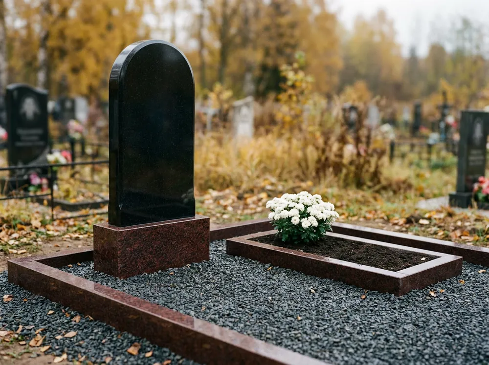Визуализация: чёрная стела на красной гранитной подставке, красный цветник и цоколь