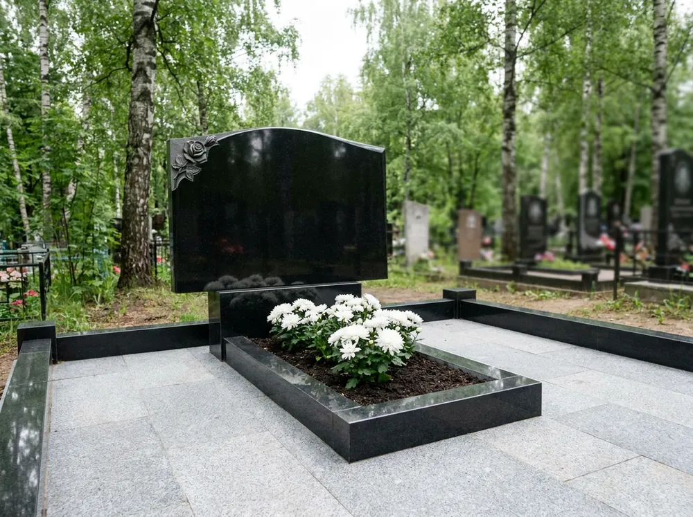 Визуализация: комплекс на одного из чёрного гранита — стела с резной розой, цветник, цоколь и плитка